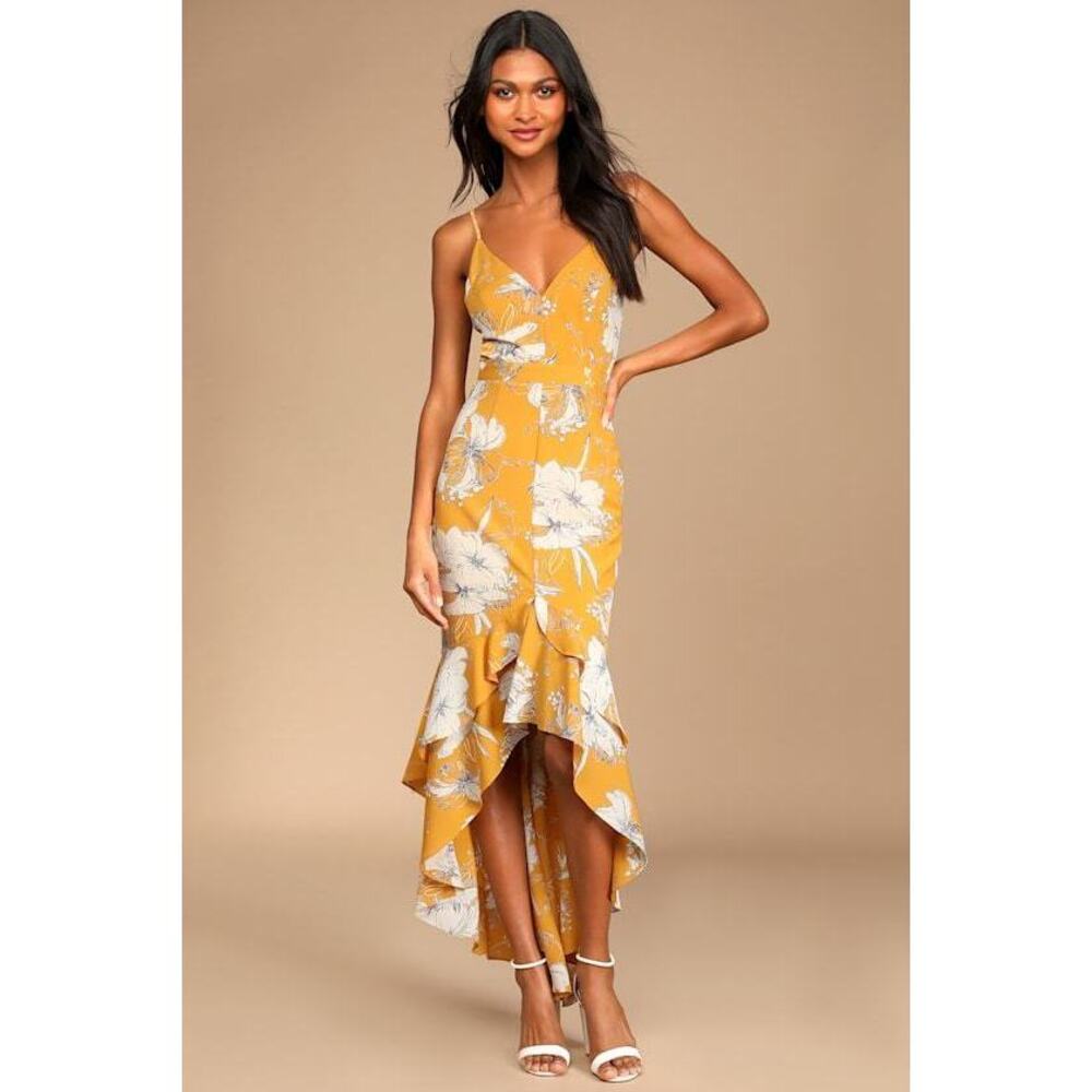 Lulus Darling Daylily Mustard Yellow Floral Print High-low Maxi Dress - Size S